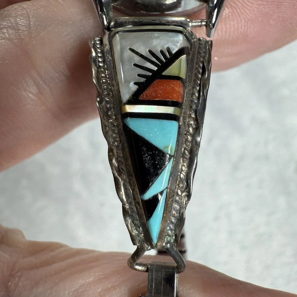 Vintage‎ Zuni Sterling Silver Multi Stone Inlaid Watchband by CM Booqua